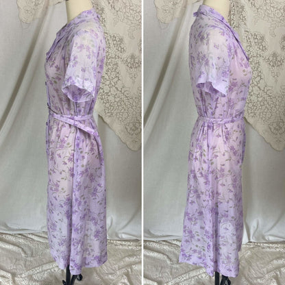 Vintage 1970's Does 1940's Midi Dress | Semi Sheer Lavender Purple Cotton with Floral Print | Size XS, S, M | British Lady - Daggers & Dames