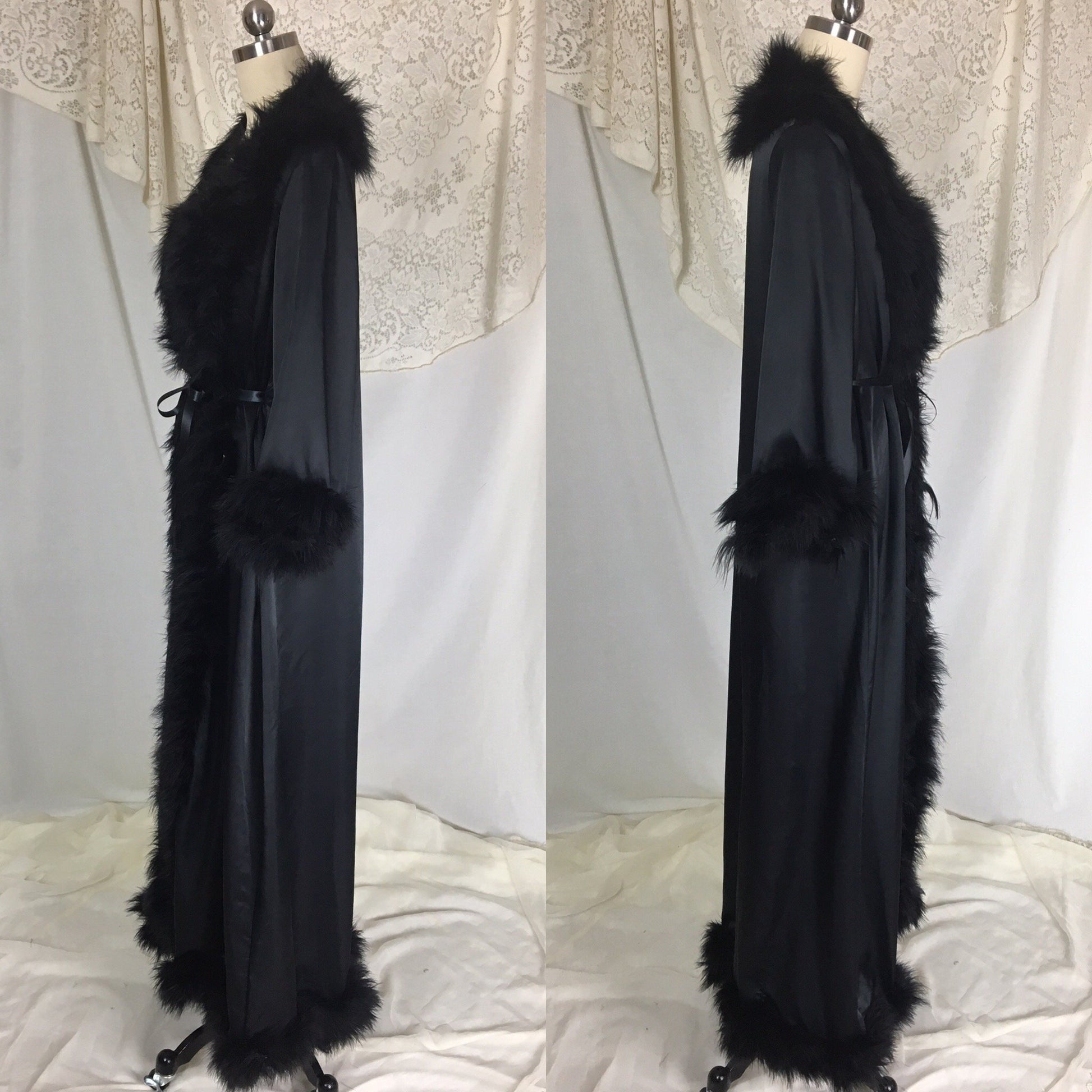 Vintage 1970's Dressing Robe | Black Satin with Marabou Feathers & Ribbon Tie | Claire Haddad | Size SM, MED - Daggers & Dames