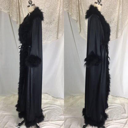 Vintage 1970's Dressing Robe | Black Satin with Marabou Feathers & Ribbon Tie | Claire Haddad | Size SM, MED - Daggers & Dames