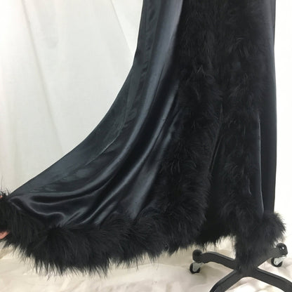 Vintage 1970's Dressing Robe | Black Satin with Marabou Feathers & Ribbon Tie | Claire Haddad | Size SM, MED - Daggers & Dames