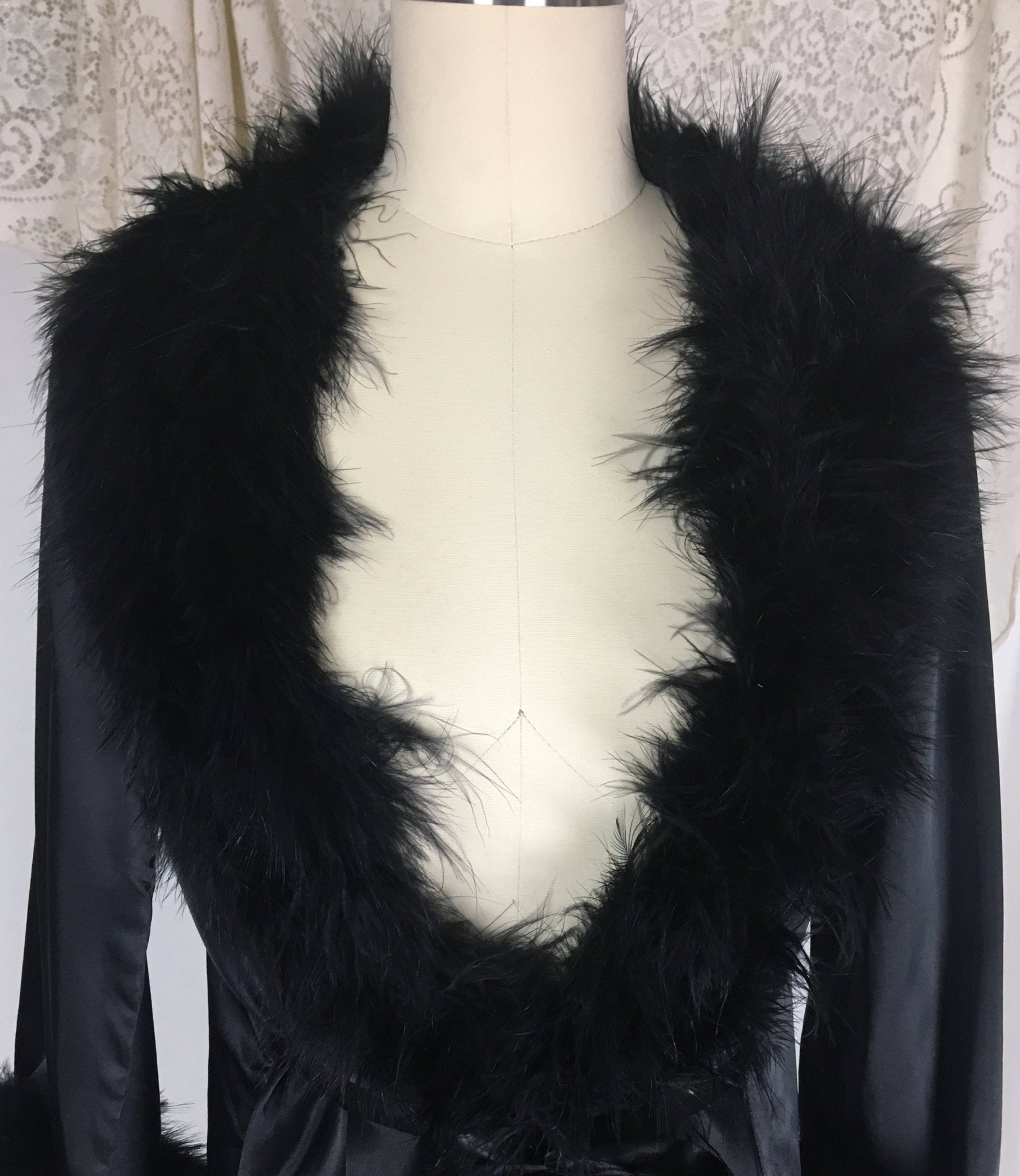 Vintage 1970's Dressing Robe | Black Satin with Marabou Feathers & Ribbon Tie | Claire Haddad | Size SM, MED - Daggers & Dames