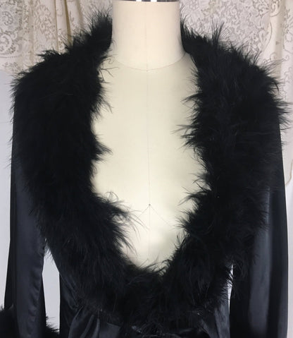 Vintage 1970's Dressing Robe | Black Satin with Marabou Feathers & Ribbon Tie | Claire Haddad | Size SM, MED - Daggers & Dames