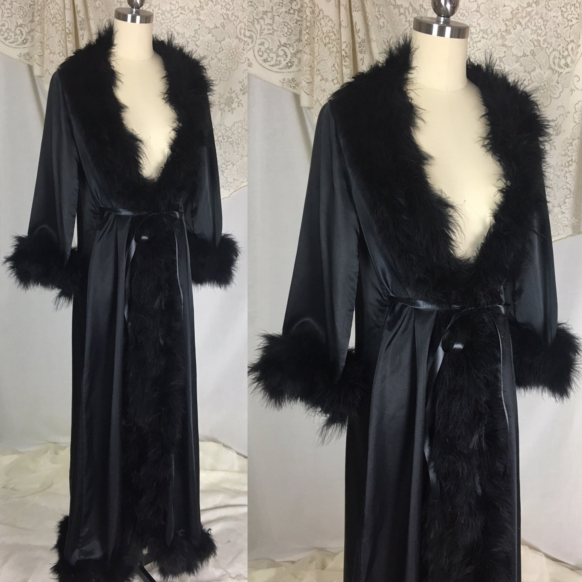 Vintage 1970's Dressing Robe | Black Satin with Marabou Feathers & Ribbon Tie | Claire Haddad | Size SM, MED - Daggers & Dames