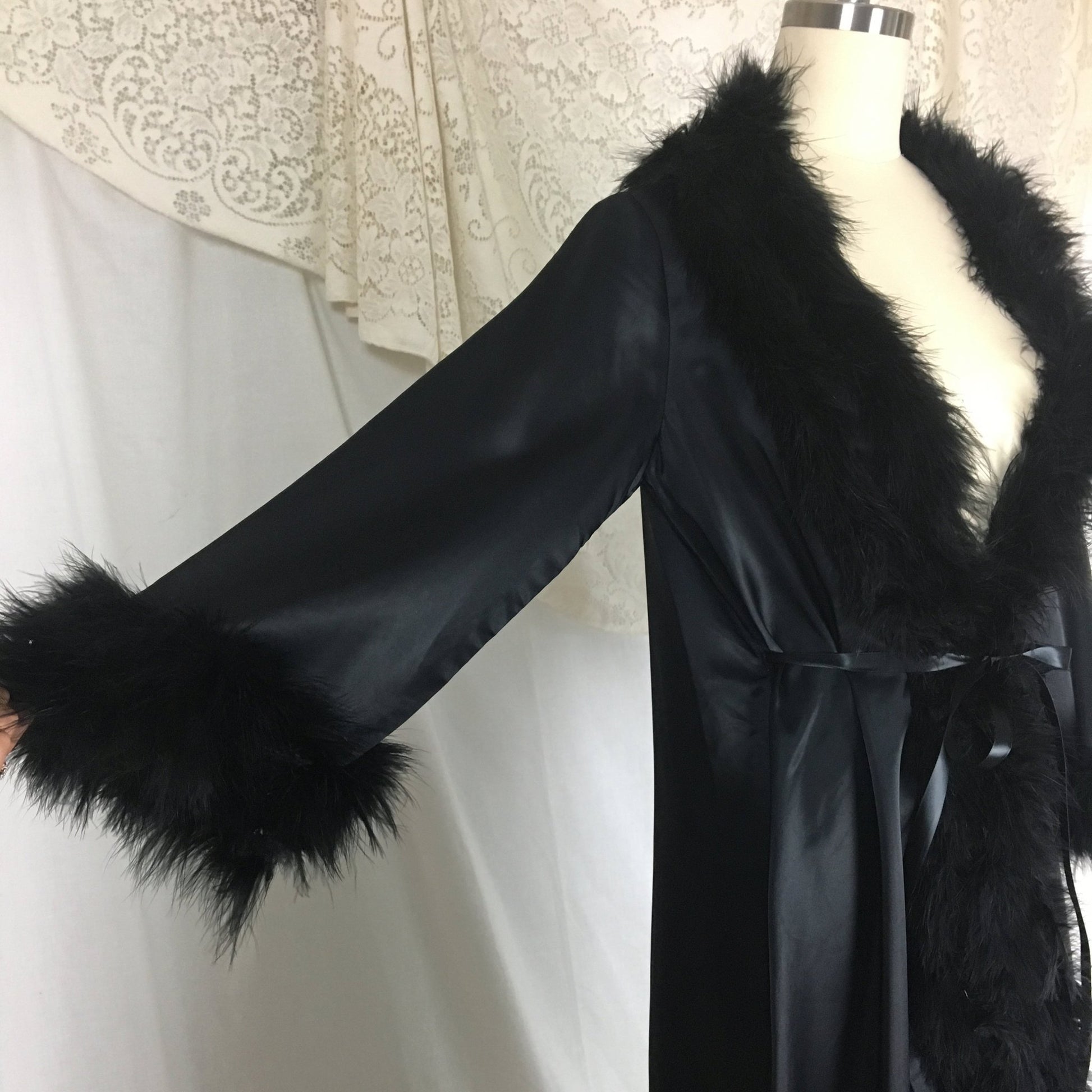 Vintage 1970's Dressing Robe | Black Satin with Marabou Feathers & Ribbon Tie | Claire Haddad | Size SM, MED - Daggers & Dames