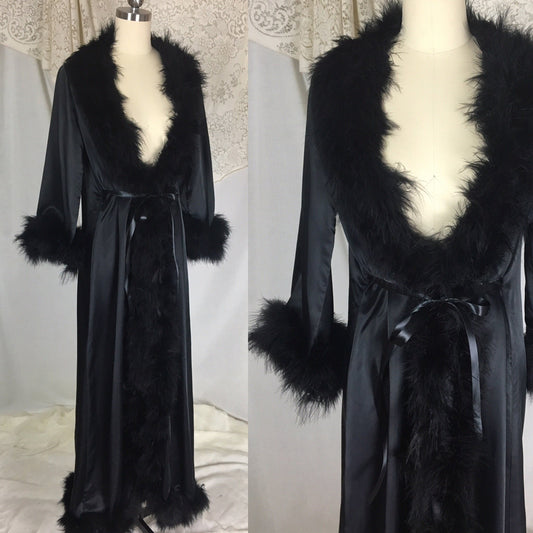 Vintage 1970's Dressing Robe | Black Satin with Marabou Feathers & Ribbon Tie | Claire Haddad | Size SM, MED - Daggers & Dames