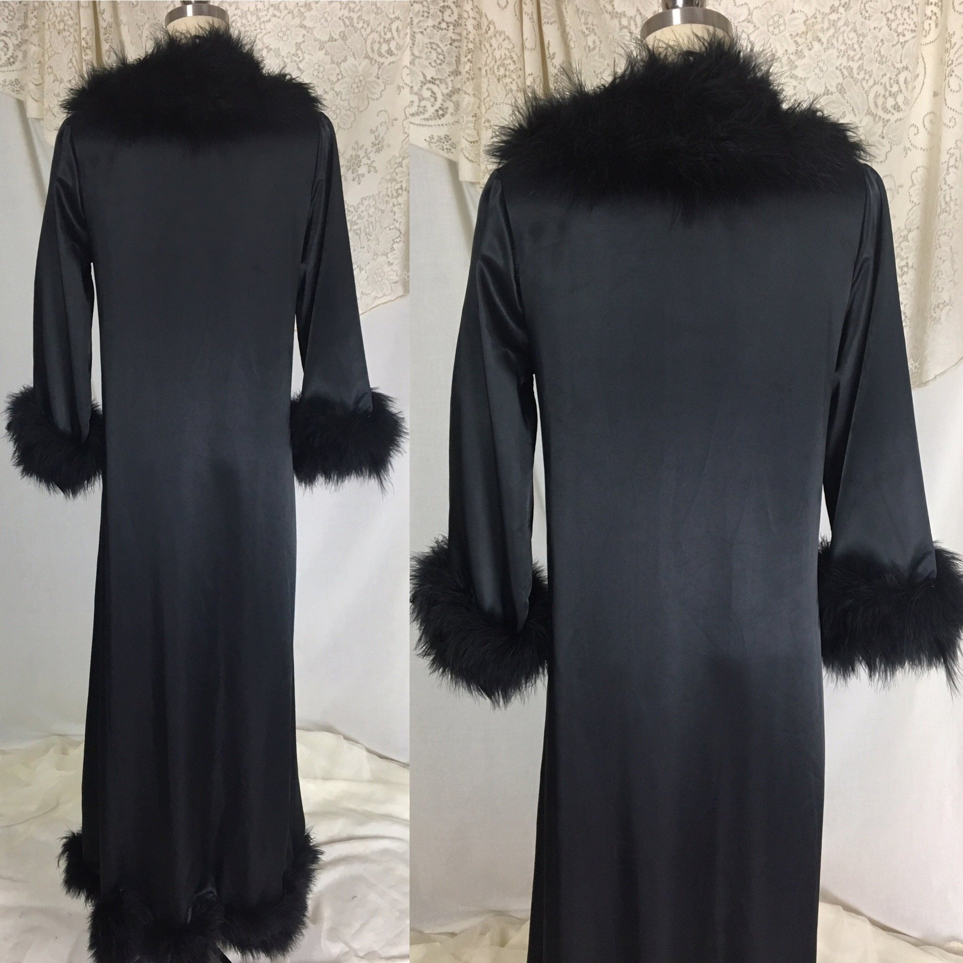 Vintage 1970's Dressing Robe | Black Satin with Marabou Feathers & Ribbon Tie | Claire Haddad | Size SM, MED - Daggers & Dames