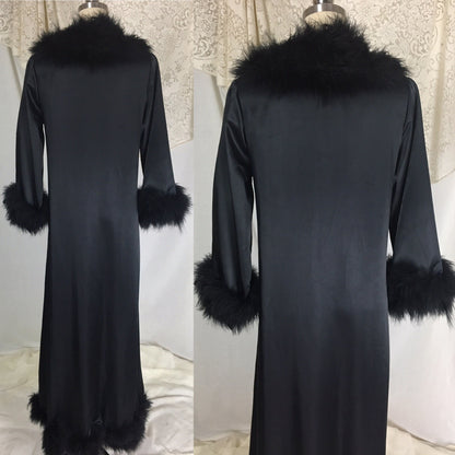 Vintage 1970's Dressing Robe | Black Satin with Marabou Feathers & Ribbon Tie | Claire Haddad | Size SM, MED - Daggers & Dames