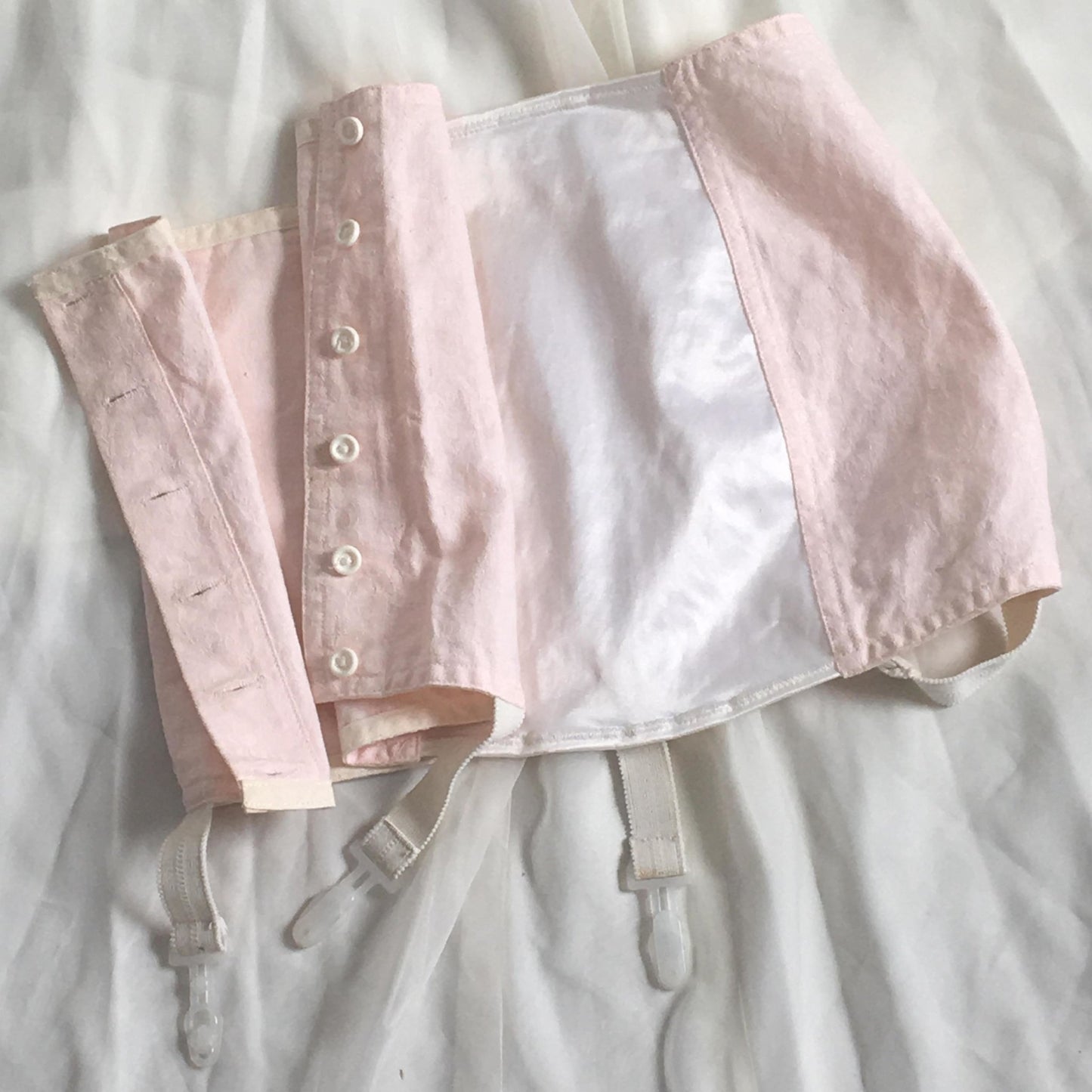 Vintage 1970's Garter Belt Girdle | Pink Cotton & White Satin with Lace | Button Side | Size LG - Daggers & Dames