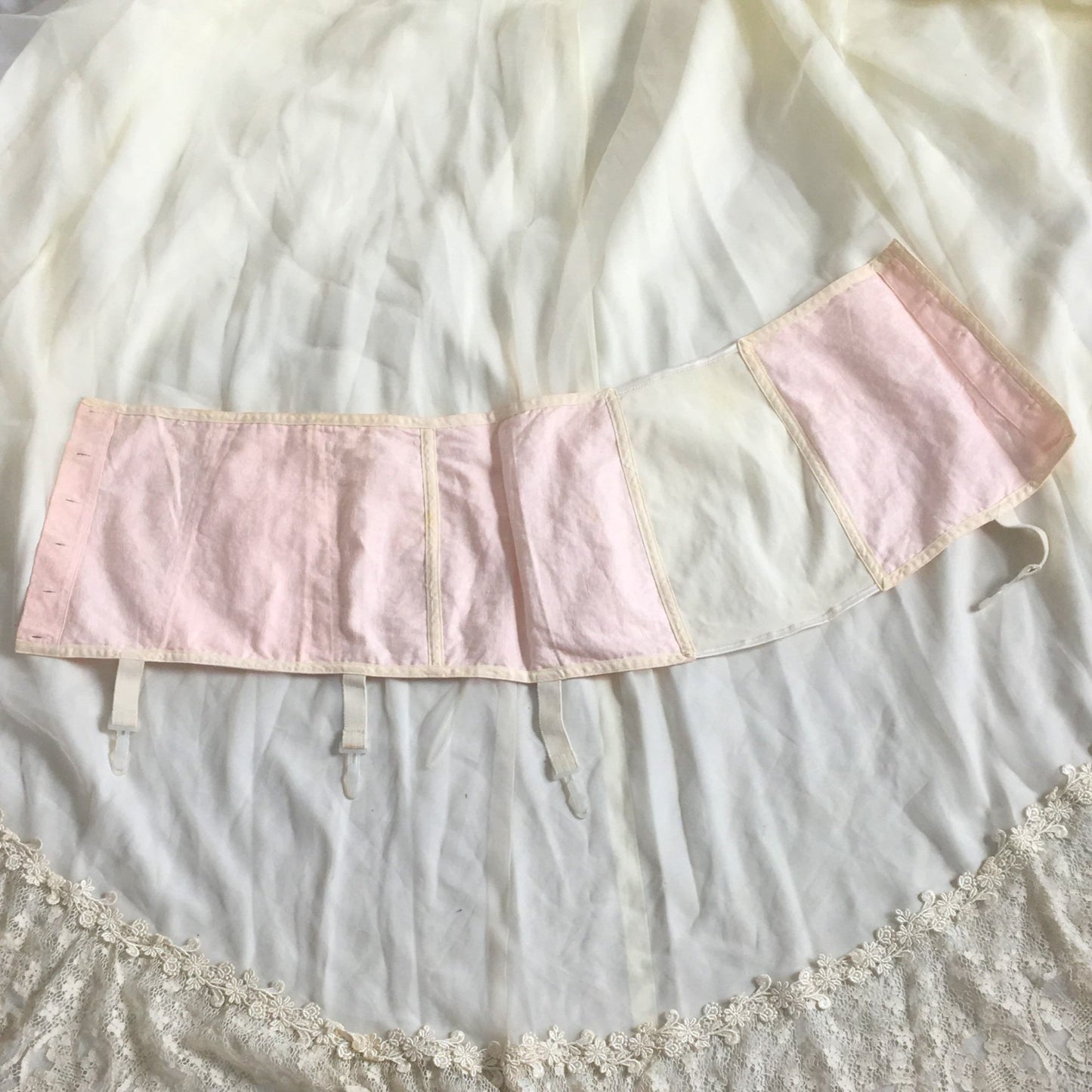 Vintage 1970's Garter Belt Girdle | Pink Cotton & White Satin with Lace | Button Side | Size LG - Daggers & Dames
