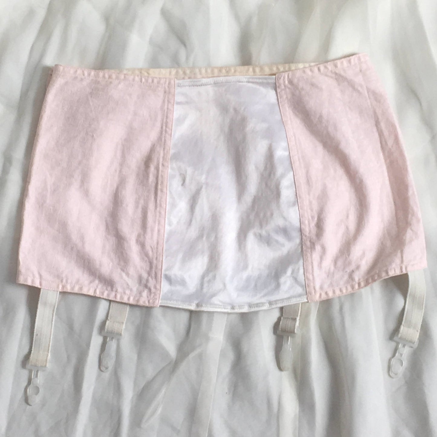 Vintage 1970's Garter Belt Girdle | Pink Cotton & White Satin with Lace | Button Side | Size LG - Daggers & Dames