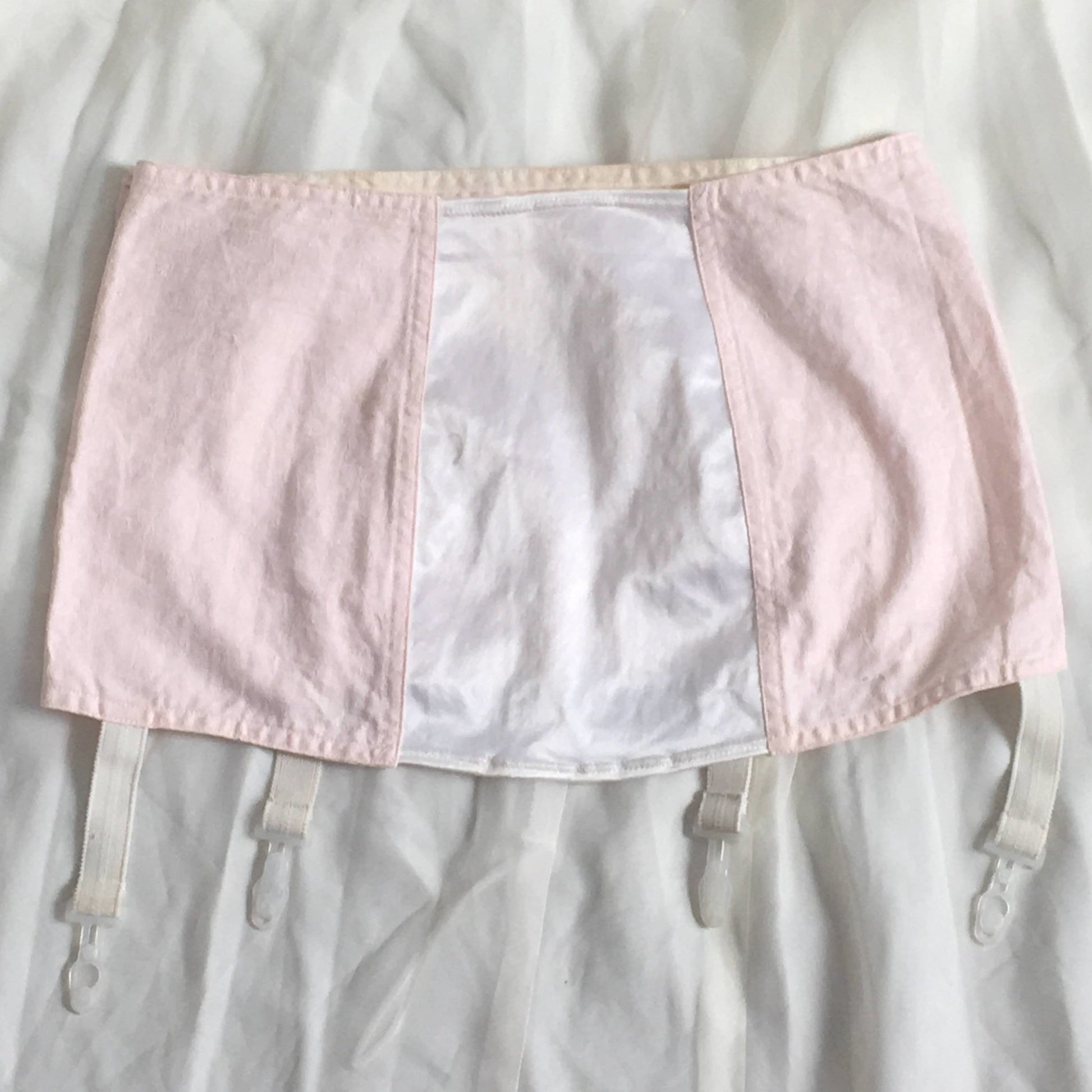 Vintage 1970's Garter Belt Girdle | Pink Cotton & White Satin with Lace | Button Side | Size LG - Daggers & Dames