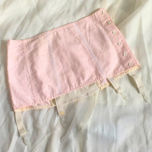 Vintage 1970's Garter Belt Girdle | Pink Cotton & White Satin with Lace | Button Side | Size LG - Daggers & Dames