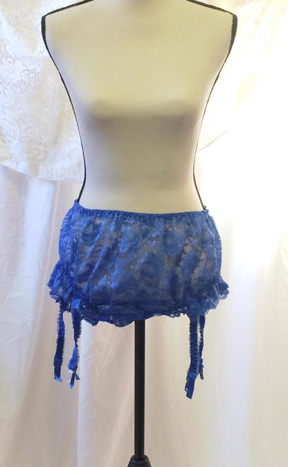 Vintage 1970's Garter Panties | Blue Nylon & Polyester with Satin Ribbons | Ruffled Leg | Size XXLG - Daggers & Dames