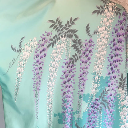 Vintage 1970's Kimono Robe | Light & Turquoise Blue Polyester Satin with Purple Wisteria Print | Size Free - Daggers & Dames
