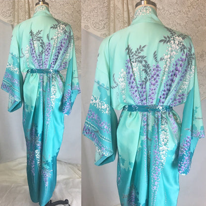 Vintage 1970's Kimono Robe | Light & Turquoise Blue Polyester Satin with Purple Wisteria Print | Size Free - Daggers & Dames