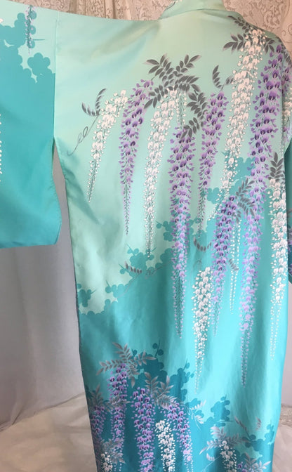 Vintage 1970's Kimono Robe | Light & Turquoise Blue Polyester Satin with Purple Wisteria Print | Size Free - Daggers & Dames