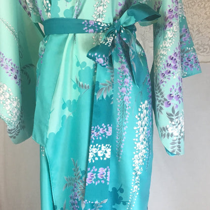 Vintage 1970's Kimono Robe | Light & Turquoise Blue Polyester Satin with Purple Wisteria Print | Size Free - Daggers & Dames