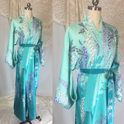 Vintage 1970's Kimono Robe | Light & Turquoise Blue Polyester Satin with Purple Wisteria Print | Size Free - Daggers & Dames