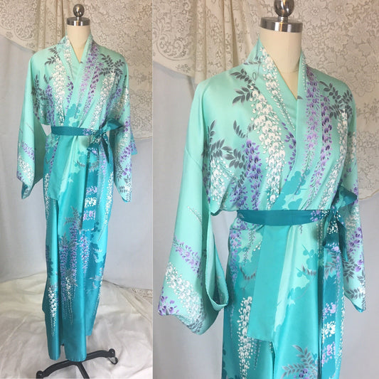 Vintage 1970's Kimono Robe | Light & Turquoise Blue Polyester Satin with Purple Wisteria Print | Size Free - Daggers & Dames