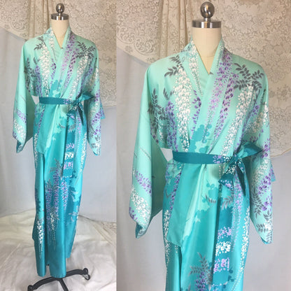 Vintage 1970's Kimono Robe | Light & Turquoise Blue Polyester Satin with Purple Wisteria Print | Size Free - Daggers & Dames