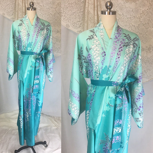 Vintage 1970's Kimono Robe | Light & Turquoise Blue Polyester Satin with Purple Wisteria Print | Size Free - Daggers & Dames