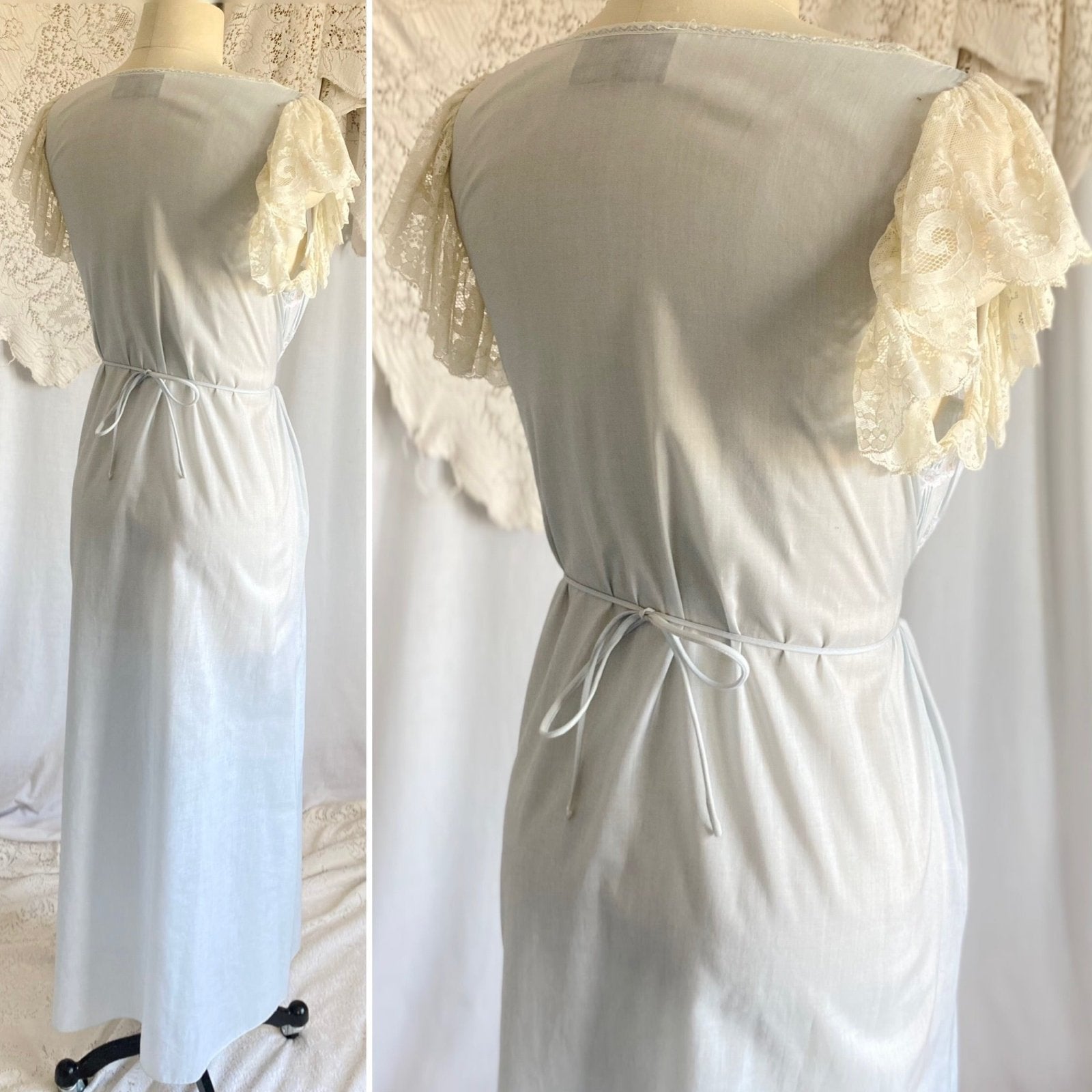 Vintage 1970's Lounge Dress | Pale Powder Blue Cotton with White Ruffled Lace | Size S, M | Oscar De La Renta for Swirl - Daggers & Dames