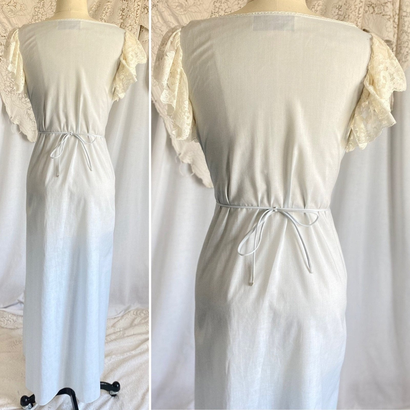 Vintage 1970's Lounge Dress | Pale Powder Blue Cotton with White Ruffled Lace | Size S, M | Oscar De La Renta for Swirl - Daggers & Dames