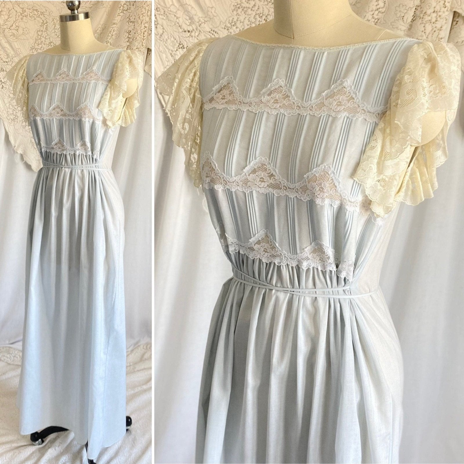Vintage 1970's Lounge Dress | Pale Powder Blue Cotton with White Ruffled Lace | Size S, M | Oscar De La Renta for Swirl - Daggers & Dames