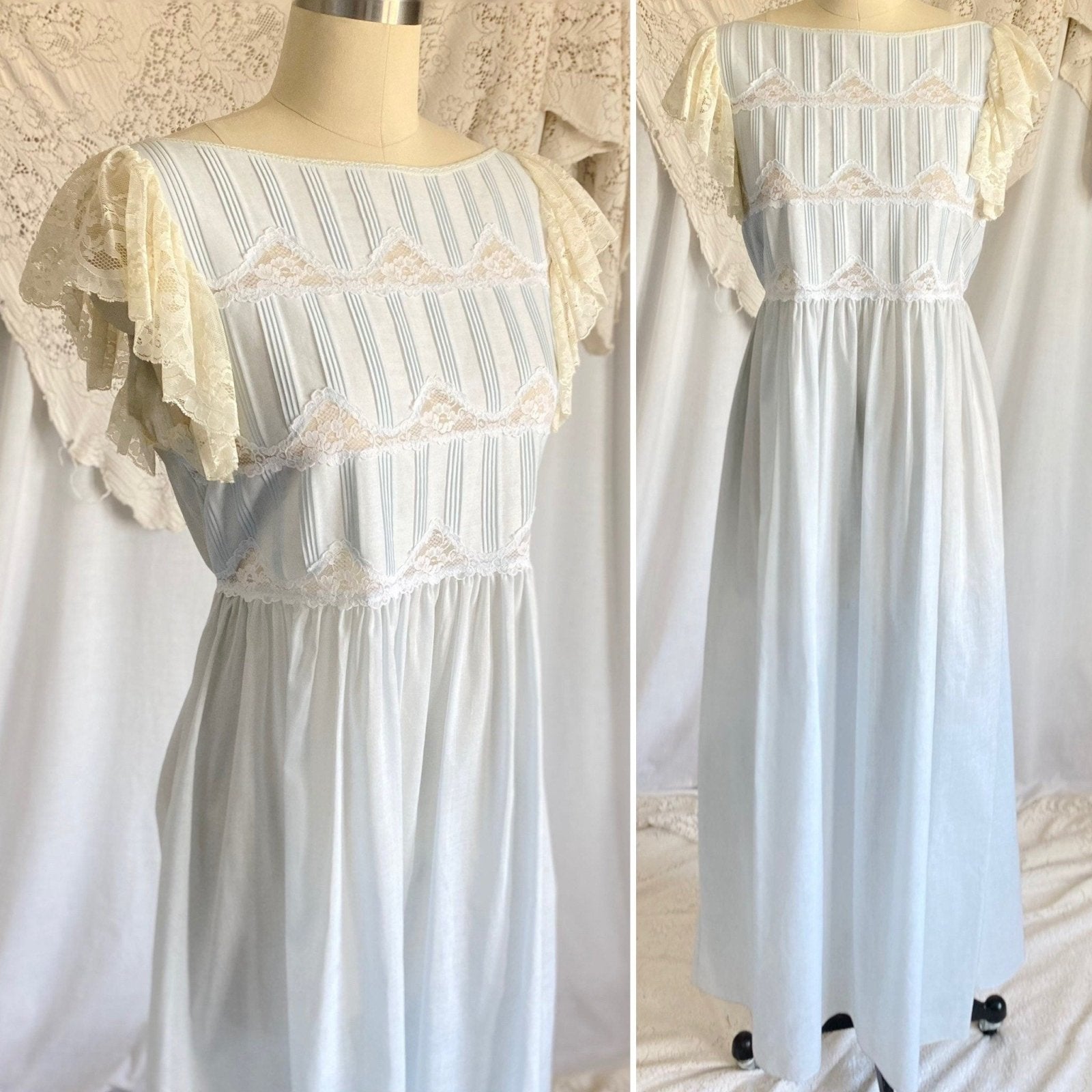 Vintage 1970's Lounge Dress | Pale Powder Blue Cotton with White Ruffled Lace | Size S, M | Oscar De La Renta for Swirl - Daggers & Dames