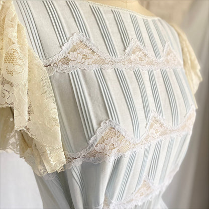 Vintage 1970's Lounge Dress | Pale Powder Blue Cotton with White Ruffled Lace | Size S, M | Oscar De La Renta for Swirl - Daggers & Dames