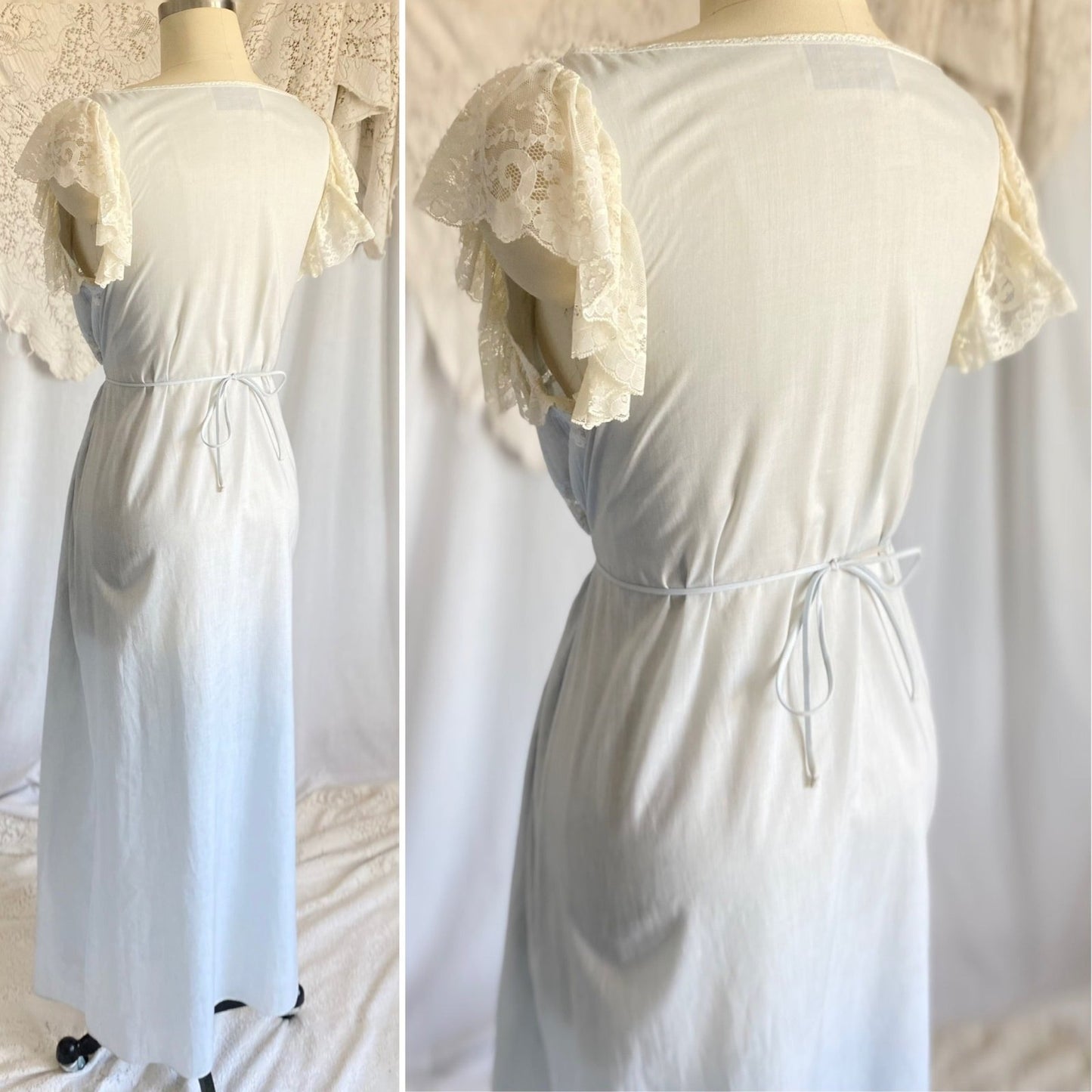 Vintage 1970's Lounge Dress | Pale Powder Blue Cotton with White Ruffled Lace | Size S, M | Oscar De La Renta for Swirl - Daggers & Dames