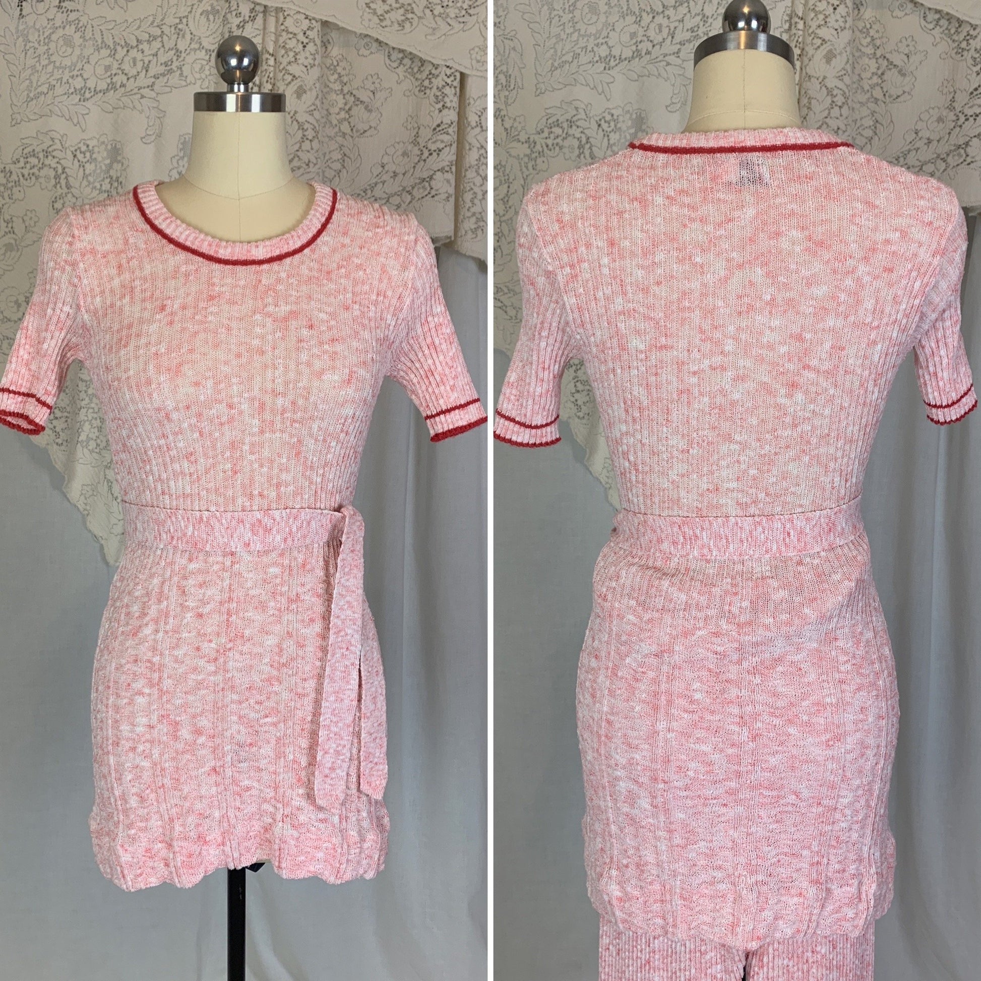 Vintage 1970's Pajama Set | 3 Piece Pink & White Calico Sweater Knit | Size S, M | Beeline - Daggers & Dames