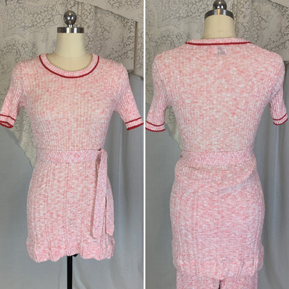 Vintage 1970's Pajama Set | 3 Piece Pink & White Calico Sweater Knit | Size S, M | Beeline - Daggers & Dames