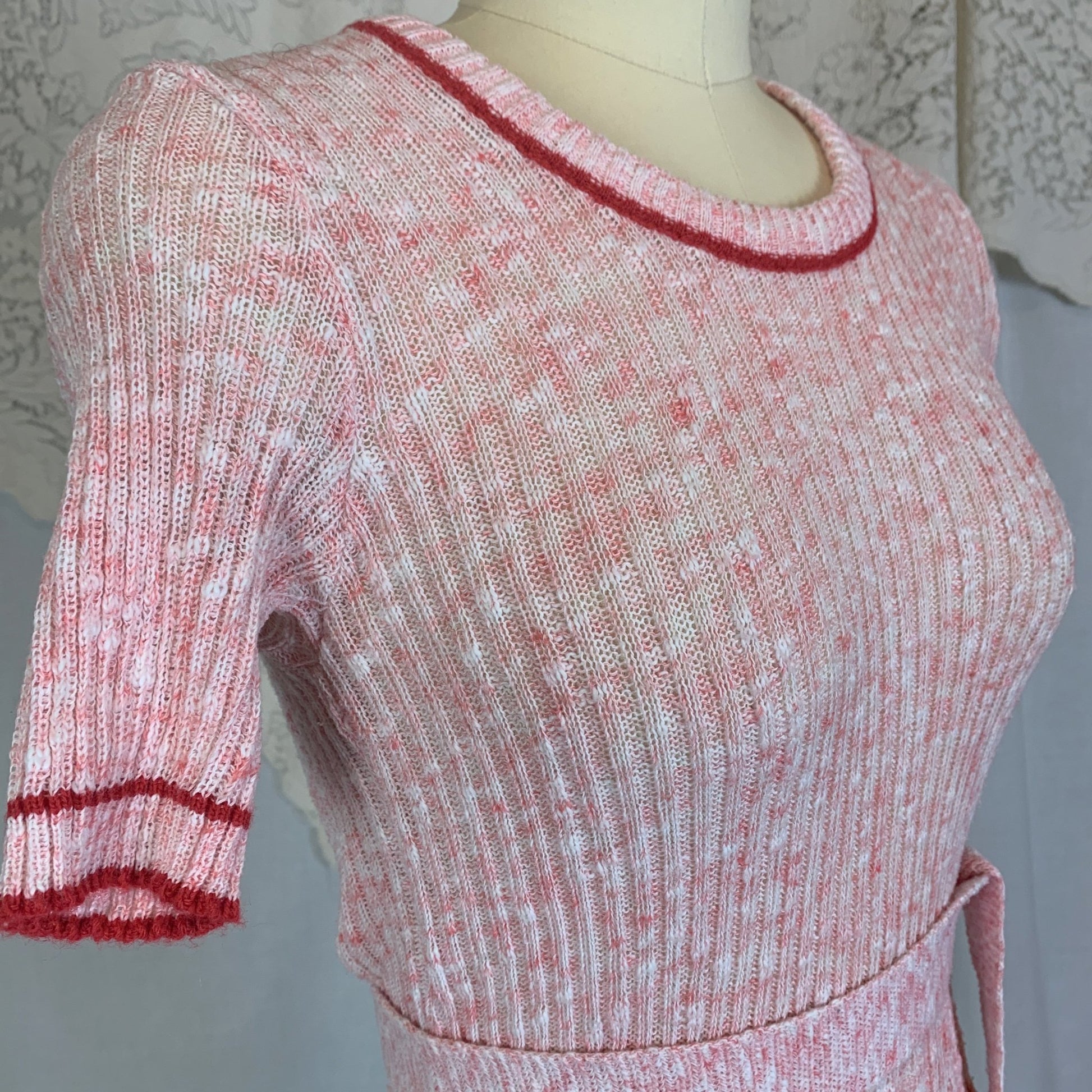 Vintage 1970's Pajama Set | 3 Piece Pink & White Calico Sweater Knit | Size S, M | Beeline - Daggers & Dames