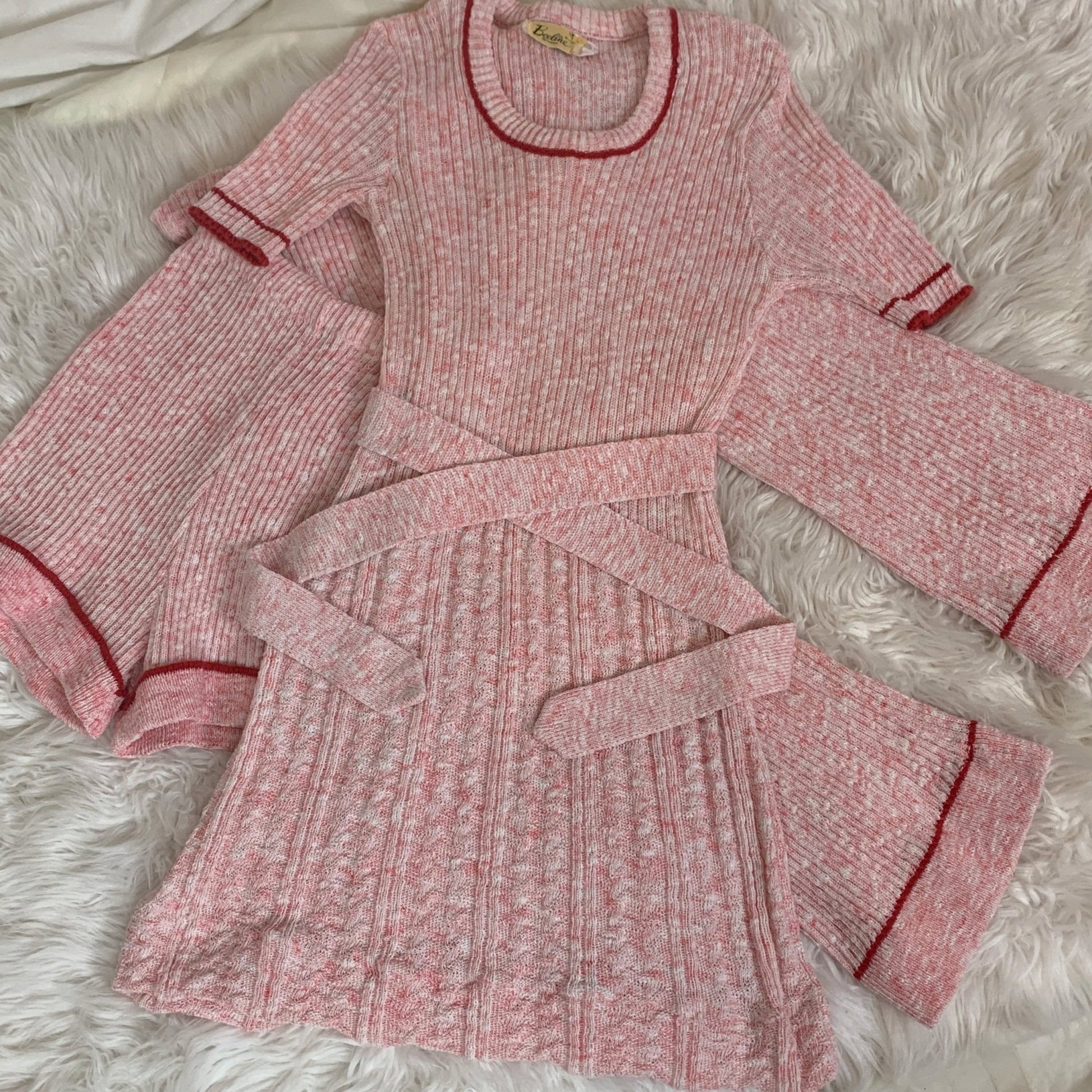 Vintage 1970's Pajama Set | 3 Piece Pink & White Calico Sweater Knit | Size S, M | Beeline - Daggers & Dames