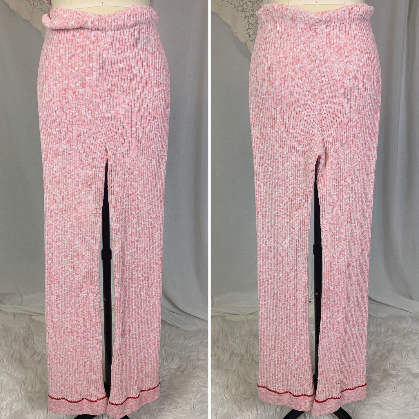 Vintage 1970's Pajama Set | 3 Piece Pink & White Calico Sweater Knit | Size S, M | Beeline - Daggers & Dames