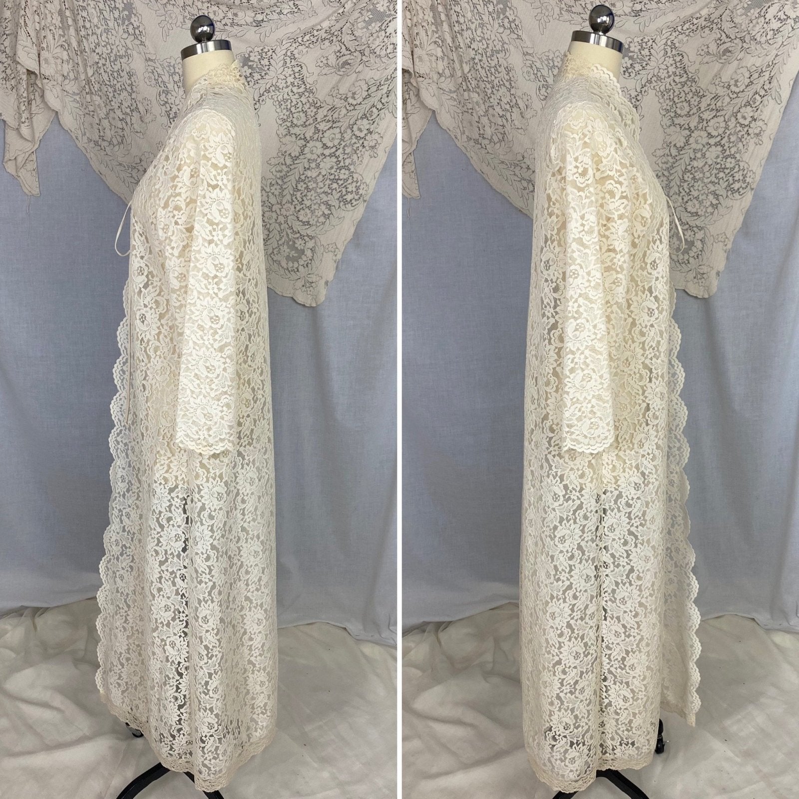 Vintage 1970's Peignoir Robe | Ivory Cream Floral Lace with High Neck & Wide Sleeves | Size S - Daggers & Dames