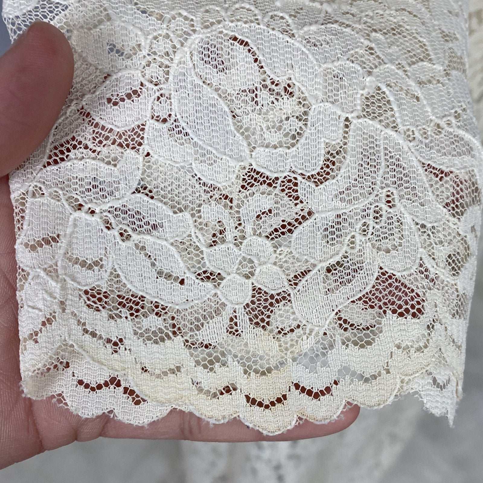 Vintage 1970's Peignoir Robe | Ivory Cream Floral Lace with High Neck & Wide Sleeves | Size S - Daggers & Dames