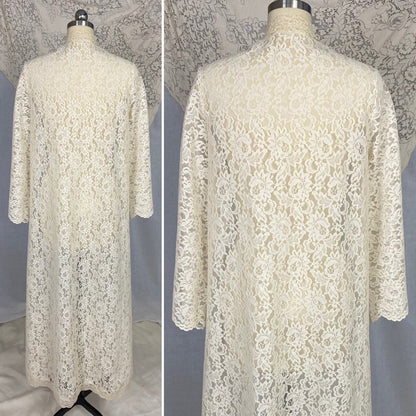 Vintage 1970's Peignoir Robe | Ivory Cream Floral Lace with High Neck & Wide Sleeves | Size S - Daggers & Dames