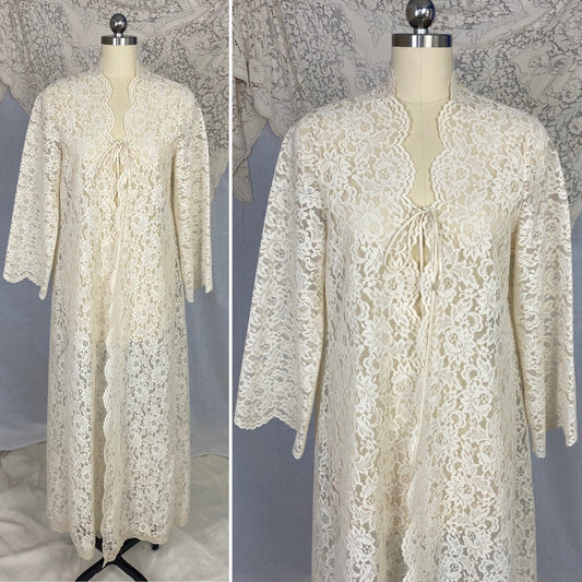 Vintage 1970's Peignoir Robe | Ivory Cream Floral Lace with High Neck & Wide Sleeves | Size S - Daggers & Dames