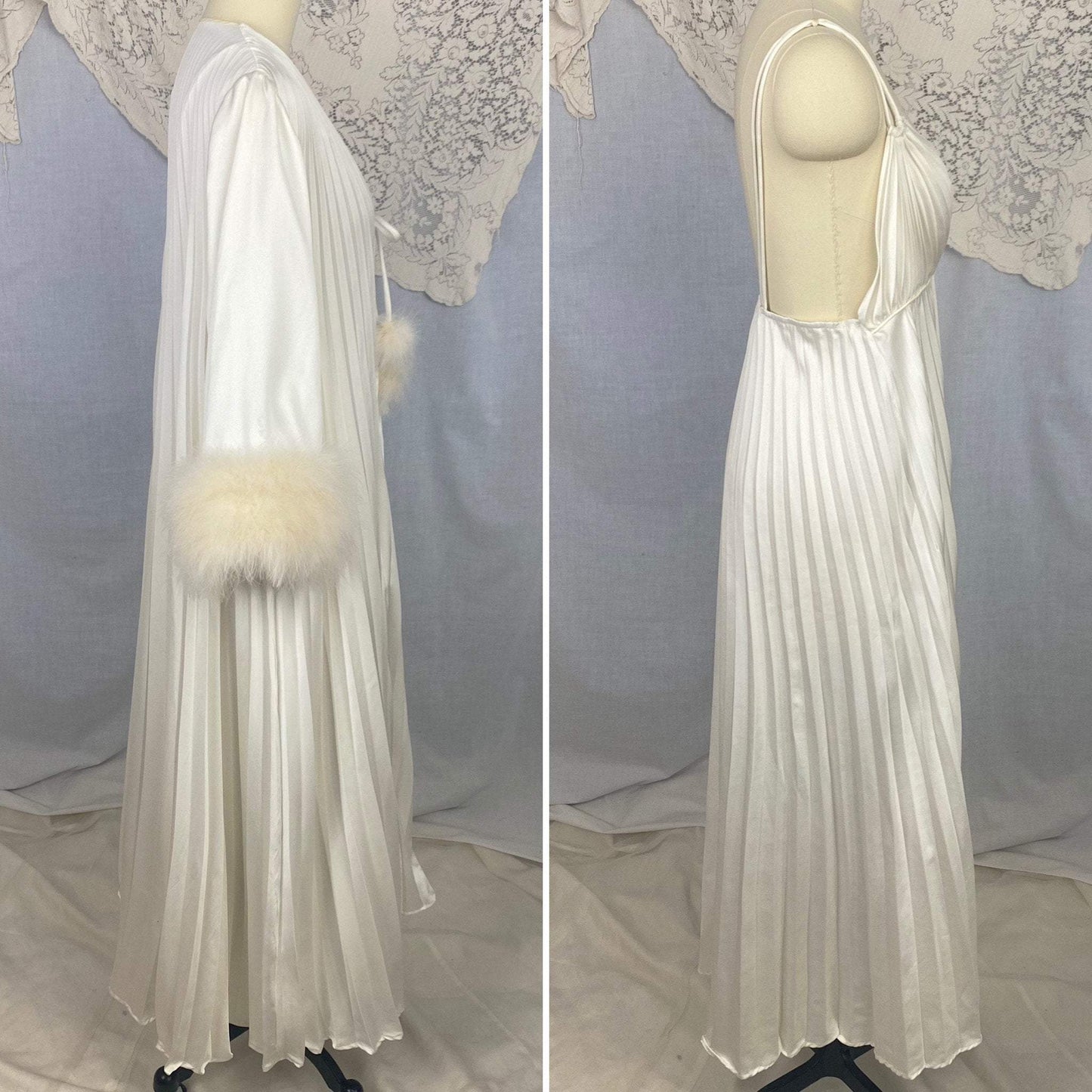 Vintage 1970's Peignoir Set | Lunar White Pleated Satin with Marabou Feather Trim | Size 34-38 Bust, S, M, LG | Odette Barsa - Daggers & Dames