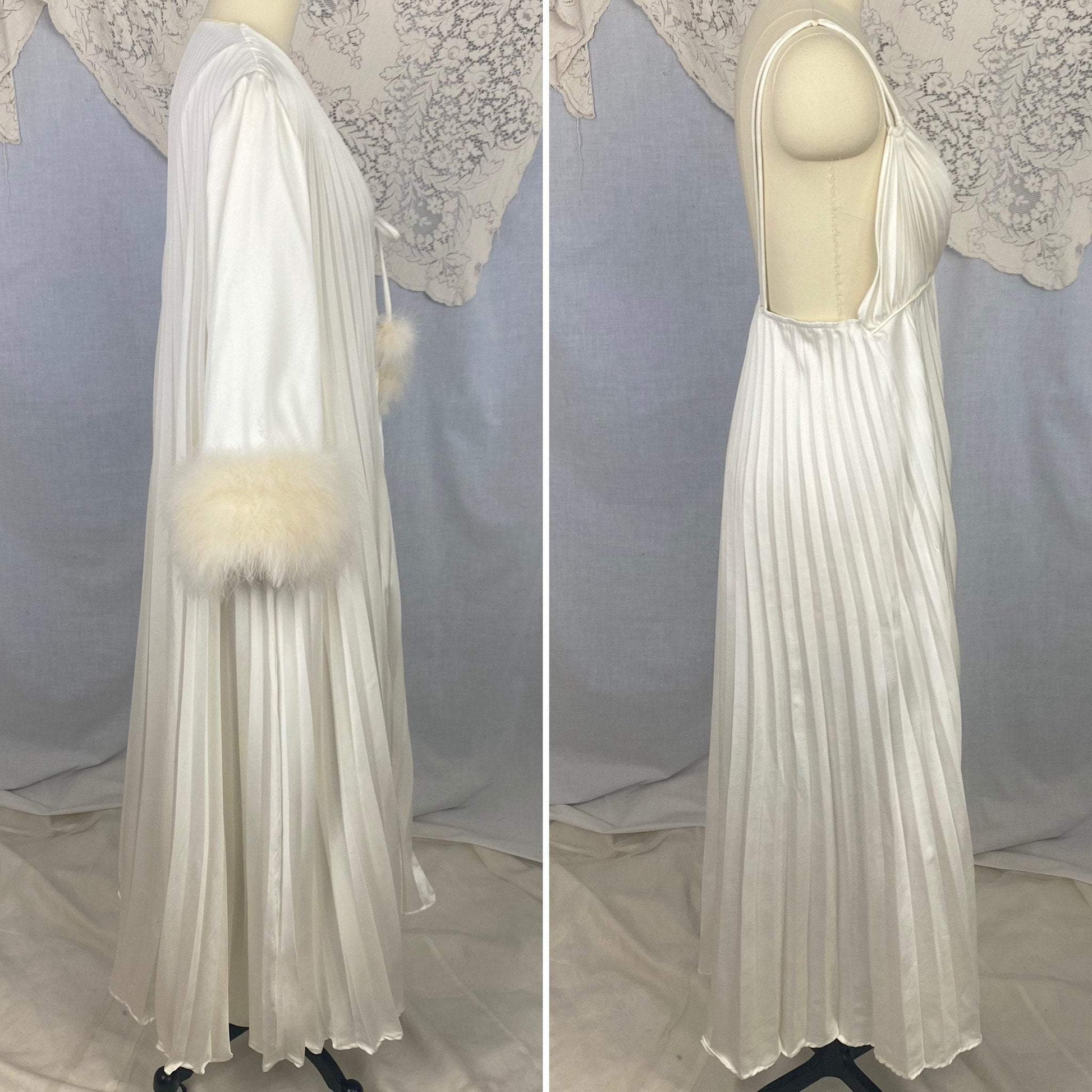 Vintage 1970's Peignoir Set | Lunar White Pleated Satin with Marabou Feather Trim | Size 34-38 Bust, S, M, LG | Odette Barsa - Daggers & Dames