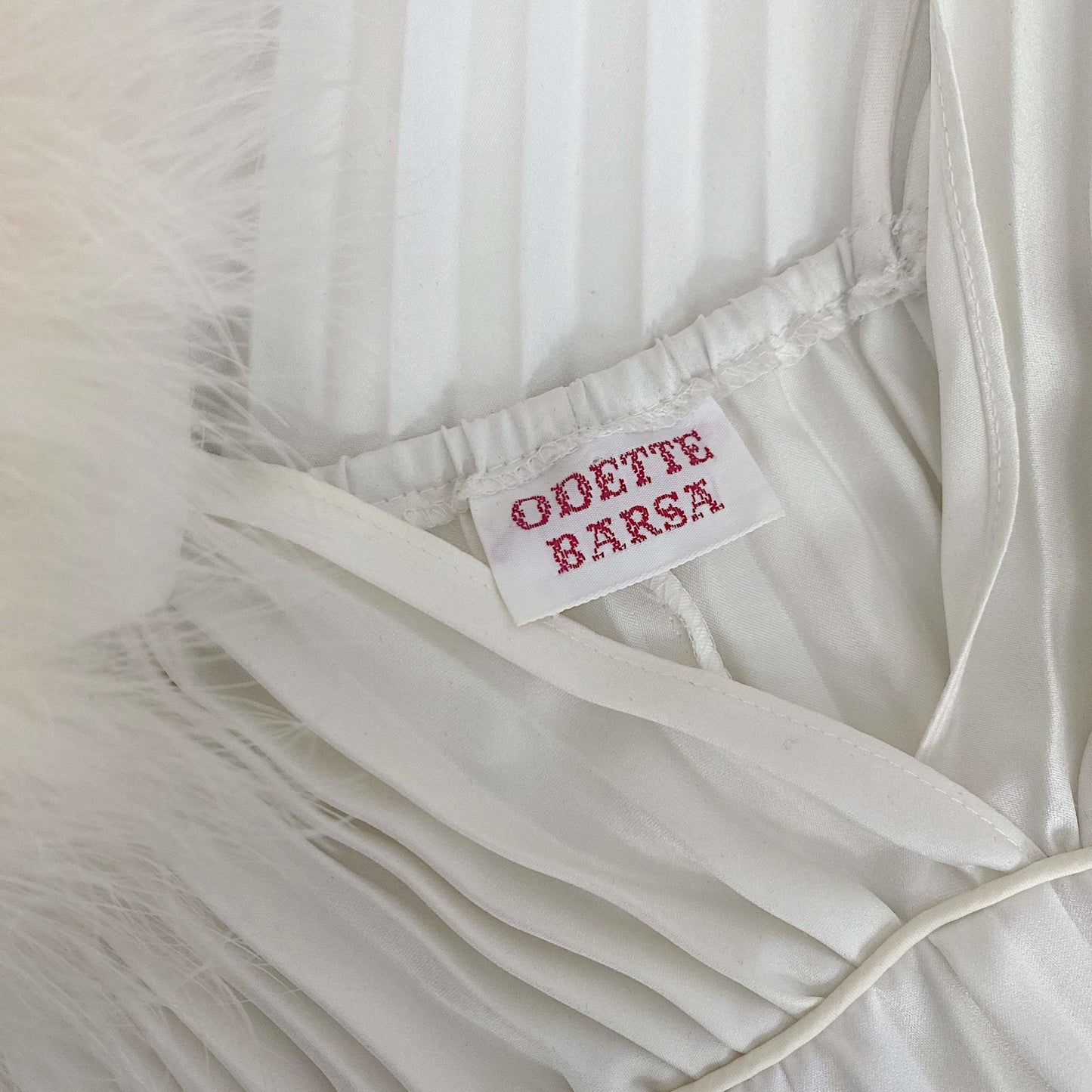 Vintage 1970's Peignoir Set | Lunar White Pleated Satin with Marabou Feather Trim | Size 34-38 Bust, S, M, LG | Odette Barsa - Daggers & Dames