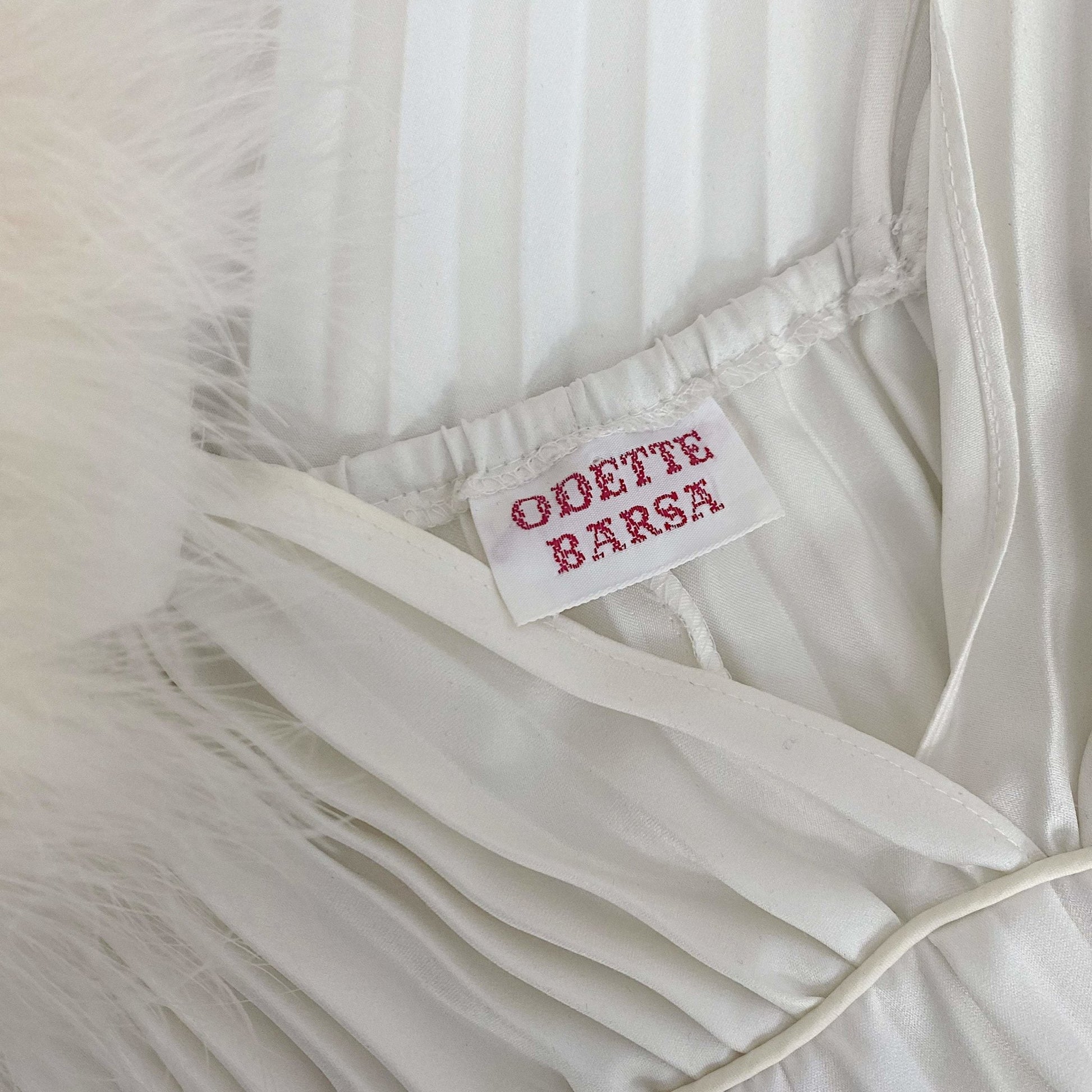 Vintage 1970's Peignoir Set | Lunar White Pleated Satin with Marabou Feather Trim | Size 34-38 Bust, S, M, LG | Odette Barsa - Daggers & Dames
