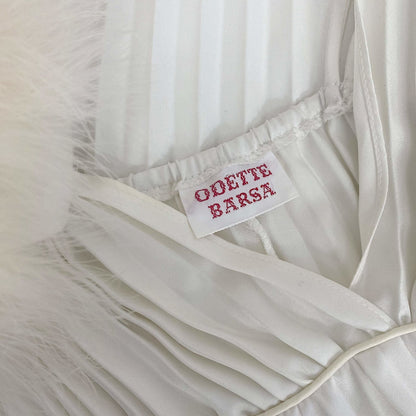 Vintage 1970's Peignoir Set | Lunar White Pleated Satin with Marabou Feather Trim | Size 34-38 Bust, S, M, LG | Odette Barsa - Daggers & Dames