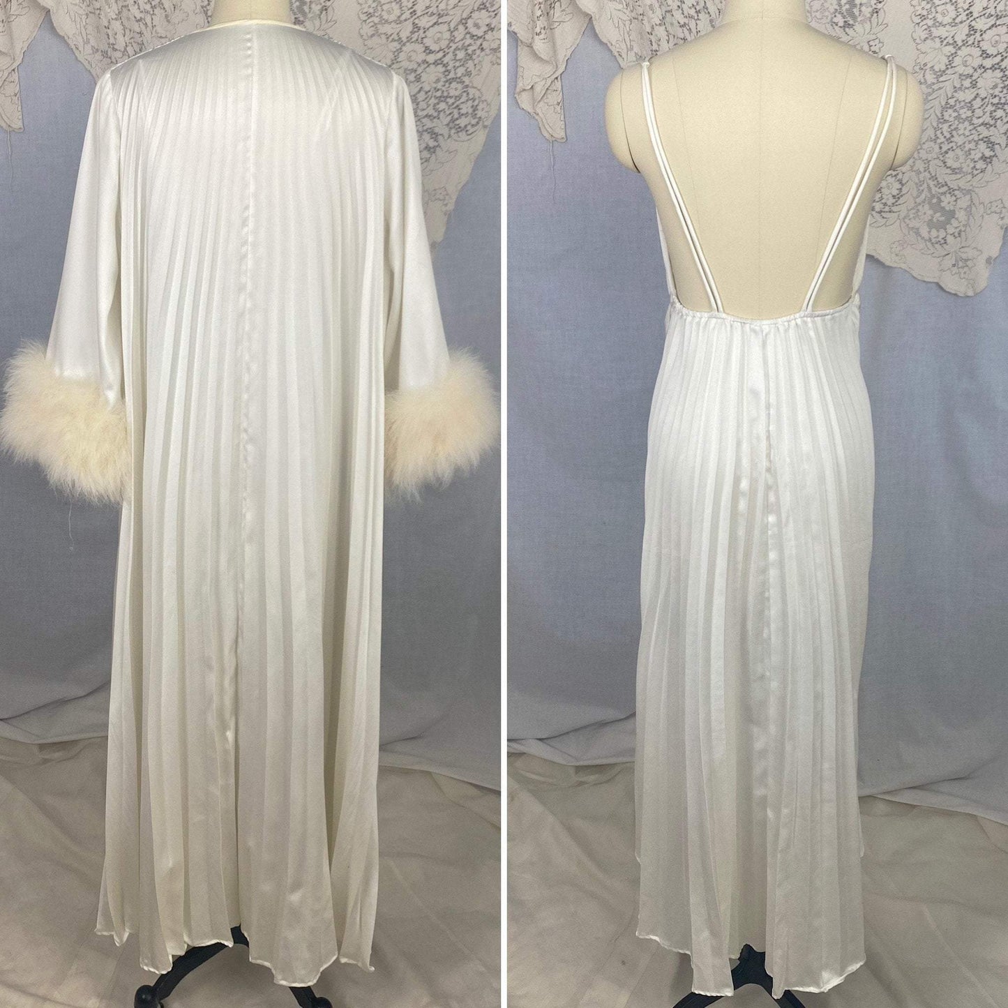 Vintage 1970's Peignoir Set | Lunar White Pleated Satin with Marabou Feather Trim | Size 34-38 Bust, S, M, LG | Odette Barsa - Daggers & Dames