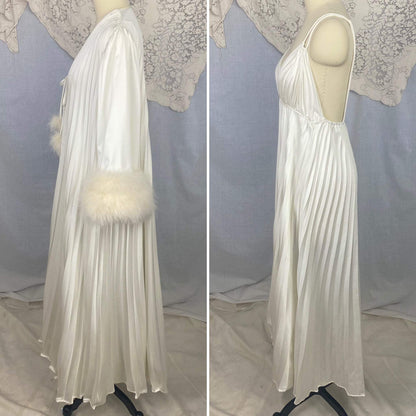 Vintage 1970's Peignoir Set | Lunar White Pleated Satin with Marabou Feather Trim | Size 34-38 Bust, S, M, LG | Odette Barsa - Daggers & Dames