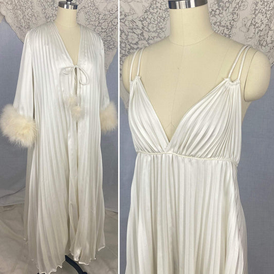 Vintage 1970's Peignoir Set | Lunar White Pleated Satin with Marabou Feather Trim | Size 34-38 Bust, S, M, LG | Odette Barsa - Daggers & Dames