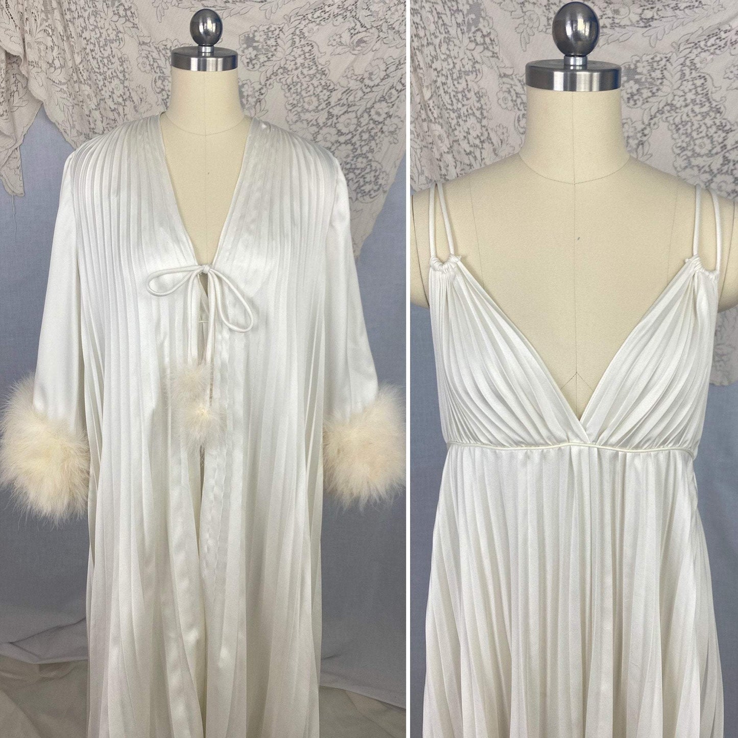 Vintage 1970's Peignoir Set | Lunar White Pleated Satin with Marabou Feather Trim | Size 34-38 Bust, S, M, LG | Odette Barsa - Daggers & Dames