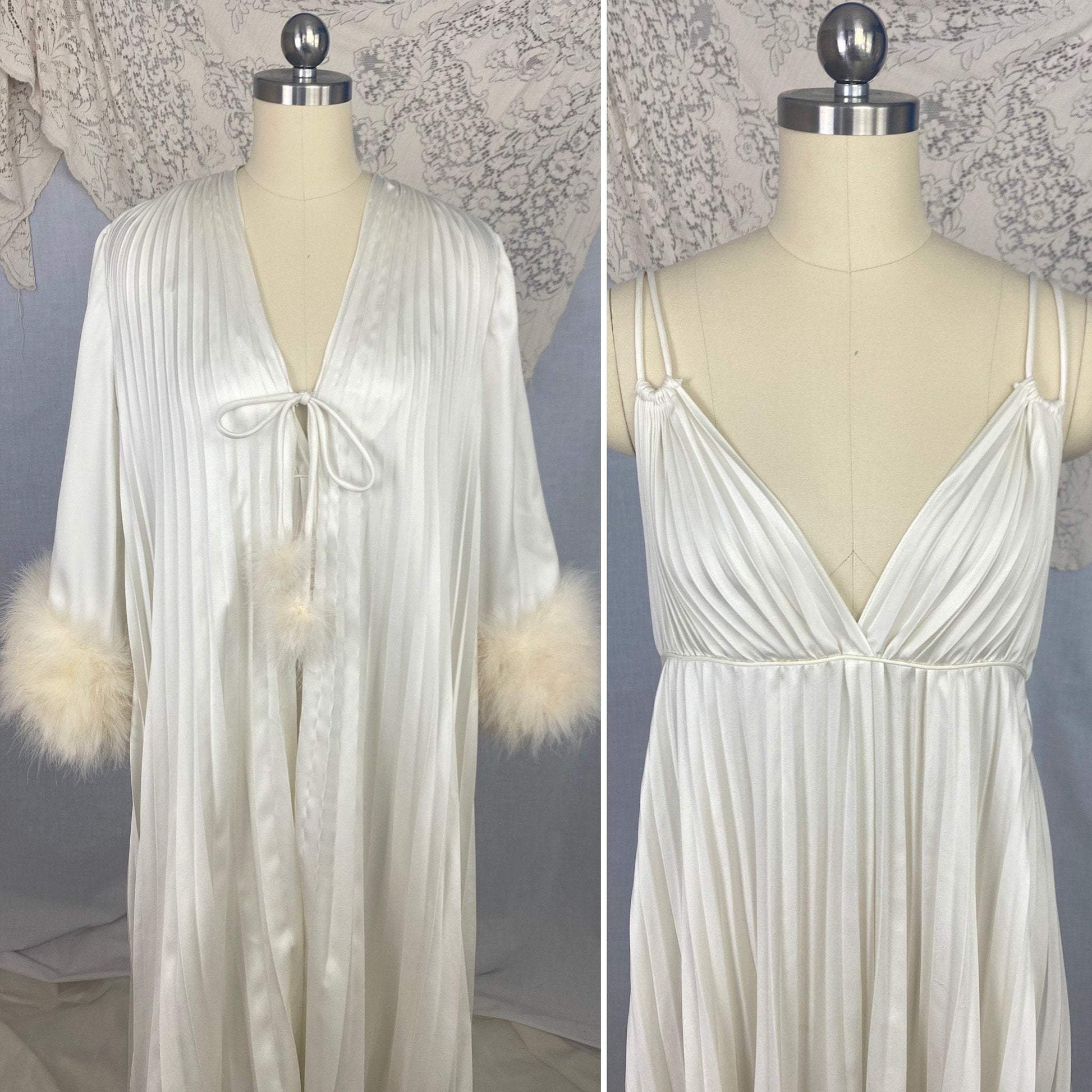 Vintage 1970's Peignoir Set | Lunar White Pleated Satin with Marabou Feather Trim | Size 34-38 Bust, S, M, LG | Odette Barsa - Daggers & Dames